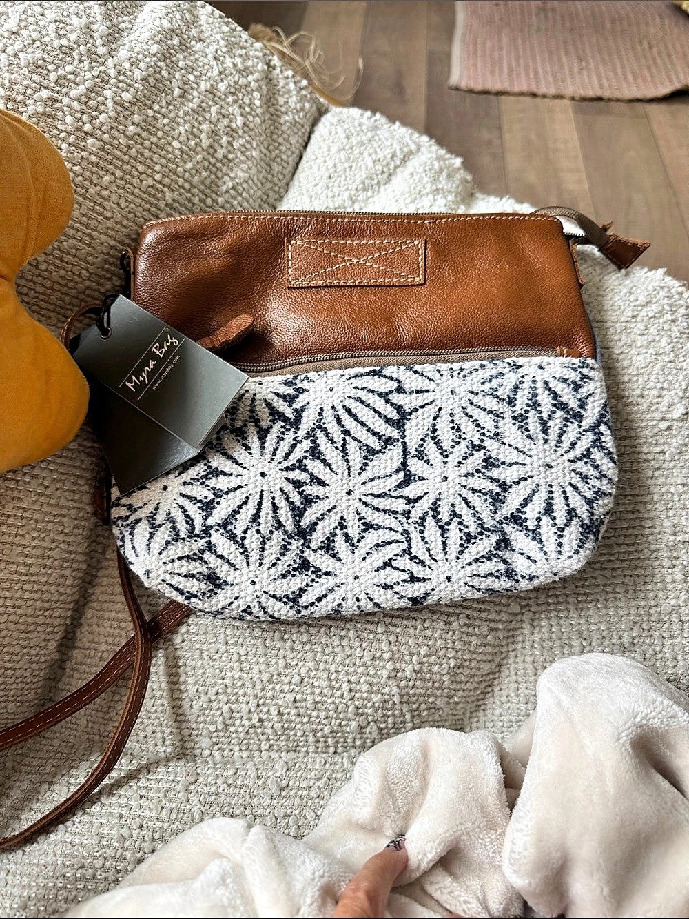 Myra Bag Cotton Leather Crossbody Bag in Brown & Blue NWT